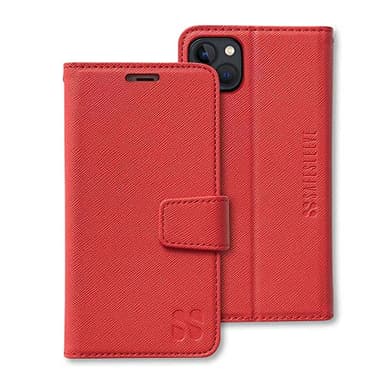 SafeSleeve Wallet Leather Case for iPhone 13 Mini EMF Blocker for Cell Phone with 3 Card Holder & Adjustable Stand – Magnetic Closure, and Magnetic Folio Protection for Daily Use (Red)