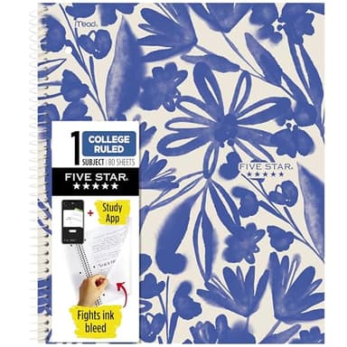 Five Star Spiral Notebook + Study App, 1 Subject, College Ruled Paper, 8-1/2" x 11", 80 Sheets, Fights Ink Bleed, Water Resistant Cover, Soft Petals Blue (820441F-ECM)