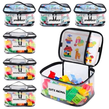 Tesuko 6 Pack Clear Toy Storage Bag with Name Tag& Manual Pocket, Waterproof Transparent PVC Toy Organizer Case for Lego Bricks, Board Games, Building Blocks, Puzzles (Large Capacity, Black)