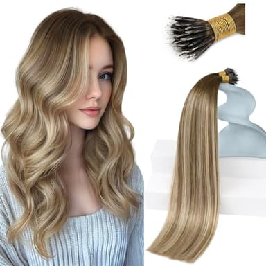 Sunny Hair Nano Ring Hair Extensions Human Hair 18inch Nano Tip Hair Extensions Real Human Hair Brown Ombre Light Brown Highlights Blonde Nano Loop Hair Extension 50g