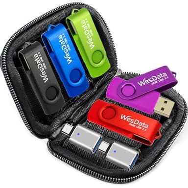 WesData 5 Pack 32GB USB Flash Drive and 2 Pack USB C Adapters in a Case, Thumb Drives Memory Stick Storage and Backup for Smart Phones with Type C Port, Laptops, PC(5 Colors)