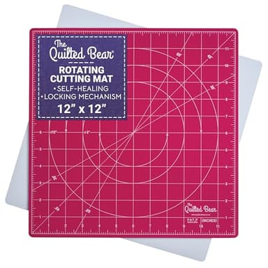 The Quilted Bear Rotating Cutting Mat 12" x 12" - Locking & Rotating Self Healing Cutting Board for Sewing, Fabric & Quilting - 360 Degree Sewing Supplies Mat for Craft Table (Pink)