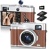 5K Digital Camera for Photography 48MP Selfie Camera with Front and Rear Dual Lens 16X Digital Zoom Compact Point and Shoot Cameras with Viewfinder, Vlogging Camera with 32G Card & 2 Batteries