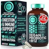Vegan Probiotic Plus B12-22 Billion CFU Synbiotics Prebiotics and Probiotics for Digestive Health, IBS, Mood Support - B12 with FOS Pre Pro Post Biotics for Women & Men - 60 Gluten-Free Capsules