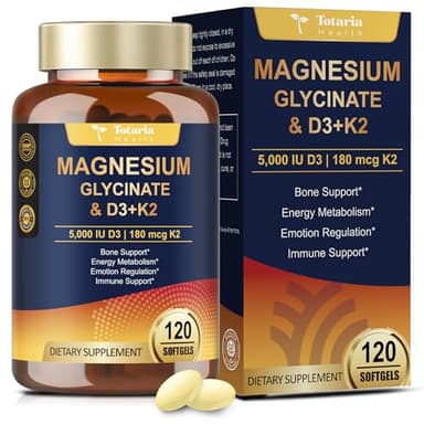 9-in-1 Magnesium Glycinate 500mg + Vitamin D3 5000 IU & K2 Complex - High Absorption - Healthy Stress, Sleep, Muscle Function, Bone Health & Energy Supports | Non-GMO, Gluten-Free 120 Softgels