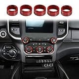 Voodonala for Dodge RAM Aluminum Center Console AC Radio Headlight Dashboard CD Switch Climate Control HVAC Knob Cover for 2018-2025+ Dodge RAM Interior Accessories, 5pcs Red