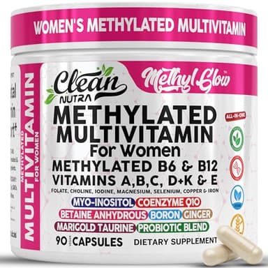 Methylated Multivitamin for Women Vitamins B6 Methyl B12 A B C D K E Folate Choline Omega 3 Thiamine Riboflavin Iron Iodine Magnesium Zinc Selenium Copper Calcium 90 Capsules by Clean Nutra