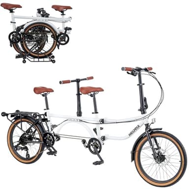 WEEROCK 20 inch 4-Fold Tandem Bicycle for 2 Person, High Carbon Steel Frame, 7-Speed Gear, Front & Rear Disc Brakes, Foldable Rear Wheel & 4-Wheel Rack for Easy Pushing, White