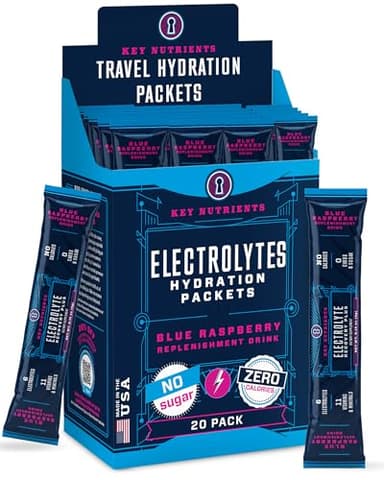 KEY NUTRIENTS Electrolytes Powder Packets 20 Pack - No Sugar, Delicious Blue Raspberry, Hydration Packets with Electrolyte Powder for Refreshing Electrolyte Drink Mix Packets - Zero Calories