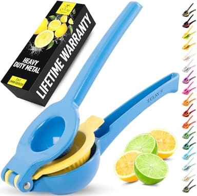 Zulay Kitchen Metal 2-in-1 Lemon Squeezer - Sturdy Max Extraction Hand Juicer Lemon Squeezer Gets Every Last Drop - Easy to Clean Manual Citrus Juicer - Easy-Use Lemon Juicer Squeezer - Blue/Yellow