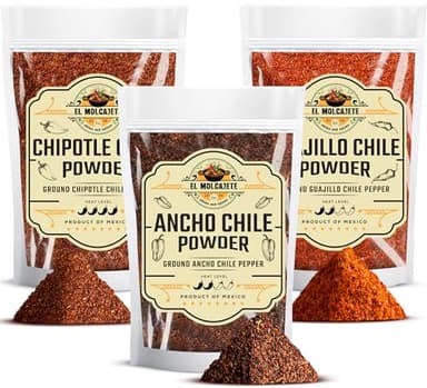 Chile Powder Ancho, Guajillo, Chipotle Variety Pack 4oz Each – Traditional Mexican Chili Powders – Bold, Authentic Flavors for Sauces, Marinades, and Rubs – By El Molcajete