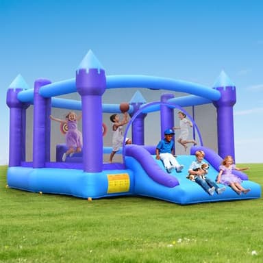 Hapfan Inflatable Bounce House for Big Kids, 15ft x 12ft Large Outdoor Bouncy Castle with Wider Slide & Basketball Hoop, Great for Birthday Party, Blower Included, Holds 6 Kids 600lbs (Purple)