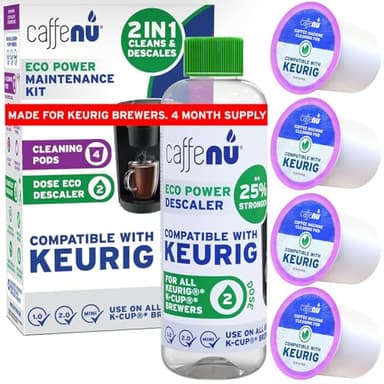 Keurig Compatible Descaling Solution and Keurig Cleaner Pods. Removes Limescale & Cleans Pod Area. Better Tasting & Hotter Coffee. 4 Uses of Descaler & Cleaner.