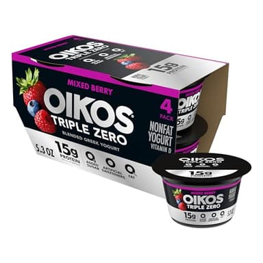 Oikos Triple Zero Mixed Berry Nonfat Greek Yogurt Pack, 0% Fat, 0g Added Sugar and 0 Artificial Sweeteners, Just Delicious High Protein Yogurt, 4 Ct, 5.3 OZ Cups