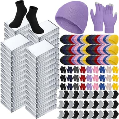 Jamntower 400 Pcs Thermal Blankets Winter Warmth Set Bulk, Warm Socks Winter Touchscreen Gloves Beanie Hats Emergency Foil Blankets (Vibrant)