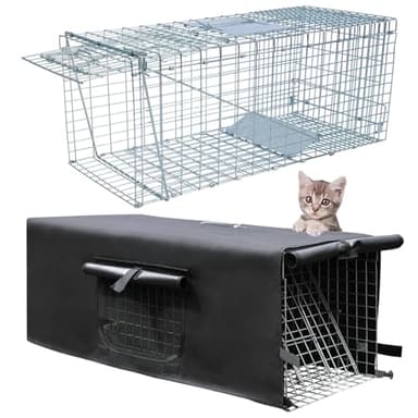 Live Animal Trap Cage with Cover, Cat Traps for Stray Cats Raccoon with Real Door Folding for Raccoons, Opossums, Groundhogs, Skunks, Feral Cats, Squirrels(Black, 32 x 10 x 12 inches)