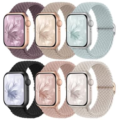 6 Pack Braided Stretchy Bands Compatible with Apple Watch Band 38mm 40mm 41mm 42mm 44mm 45mm 46mm 49mm Women Men, Adjustable Nylon Solo Loop Elastic Straps for iWatch Series 11 10 9 8 7 6 5 4 SE Ultra