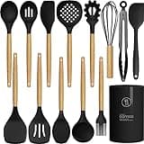 Silicone Cooking Utensils Set - 446°F Heat Resistant Silicone Kitchen Utensils for Cooking,Kitchen Utensil Spatula Set w Wooden Handles and Holder, BPA FREE Gadgets for Non-Stick Cookware (Black)