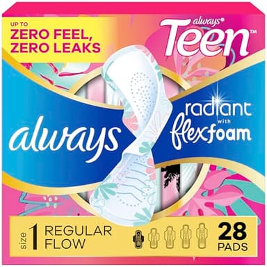 Always Radiant Teen Pads, Size 1, Regular, with Wings, Unscented, 28 Count