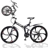 Omelaza 26 ich Folding Mountain Bike, 21 Speed Mountain Bike for Adults, Foldable Bicycle with Dual-disc Brake System, Front Suspension Folding Bike for Men and Women Black