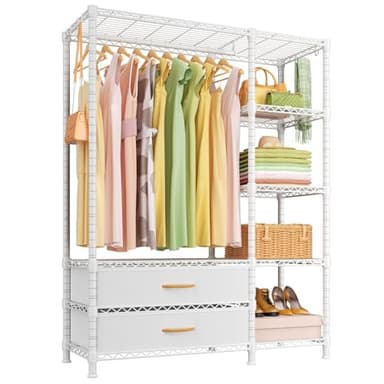 Ulif F3 Heavy Duty Clothes Rack（With Fabric Drawers）Freestanding Clothing Racks for Hanging Clothes，Adjustable Closet Organizer System，Portable Garment Rack 40" W x 15" D x 72" H，Max Load 700LBS，White