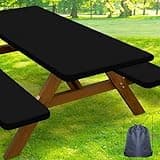 Smiry Picnic Table Cover with Bench Covers, Waterproof Elastic Fitted Polyester Tablecloths for 6 Ft Rectangle Tables, Washable Windproof Tablecloth for Camping, RV & Outdoor (Black, 30x72 Inches)