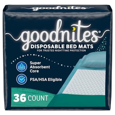 Goodnites Disposable Bed Pads/Bed Mats for Bedwetting, 2.4 x 2.8 ft, 36 Ct (4 Packs of 9)