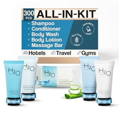 H2O Therapy Hotel Soaps & Toiletries Bulk Set | 1-Shoppe Amenities Kit | 0.85oz Shampoo & Conditioner, Body Wash, Lotion, 1oz Bar Soap | Travel Size | 300 Pieces
