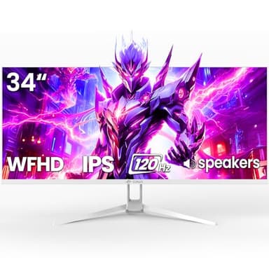 CRUA 34'' Ultrawide Gaming Monitor 120HZ, 21:9 WFHD 2560X1080 IPS Panel Computer Monitors with Built-in Speakers, Support AMD FreeSync, 120% sRGB, DP1.4 & HDMI1.4, Wall Mountable Installs-White