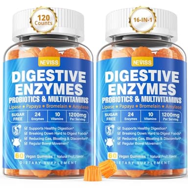 Digestive Enzymes with Probiotic Gummies, Multivitamins, Calcium, Magnesium - All 24 Essential Chewable Multi Enzymes - Papaya, Lipase, Amylase, Bromelain - Breaking Down Carbs, Proteins, Fats, 2Packs