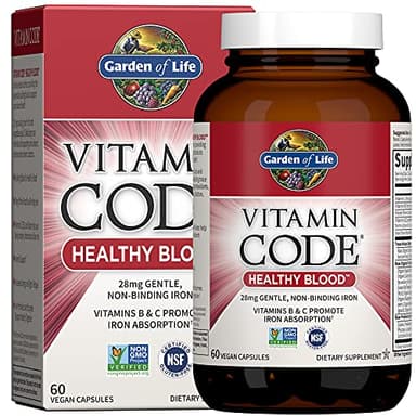 Garden of Life Vitamin Code Healthy Blood - Iron Supplement for Women, 60 Vegan Capsules, with Vitamins B, C, Trace Minerals, Fruit Veggies, Probiotics - for Energy and Anemia Support