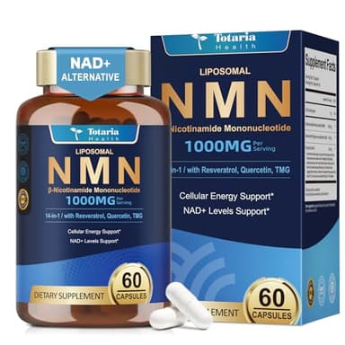 Totaria Liposomal NMN Supplement 1000mg, 14-in-1 NMN Resveratrol Complex with CoQ10, TMG, Quercetin, ALA, PQQ, Support NAD Levels, Cellular Energy & Healthy Aging, 60 Capsules, cGMP, Filler Free