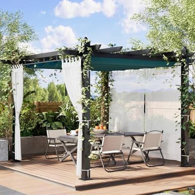GarveeTech 10x10 ft Pergola Gazebo with Adjustable Canopy, Heavy-Duty Aluminum Sun Shelter with Faux Wood Finish for Outdoor Patio, Deck & Garden, Blue+White