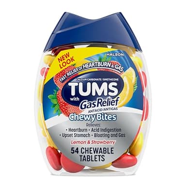 TUMS Chewy Bites Chewable Antacid Tablets with Gas Relief, Lemon & Strawberry - 54 Count
