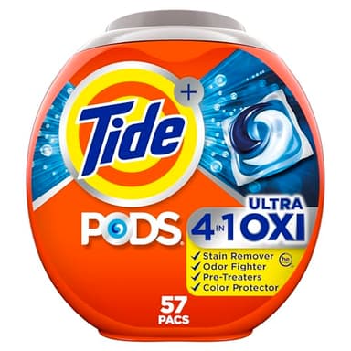 Tide 4-n-1 Ultra Oxi PODS Laundry Detergent Pacs, 57 Count, HE Compatible, Built in Pre-treater for Stains