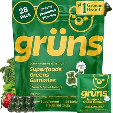 Gruns Adult Sugar-Free Super Greens Gummies, Superfood Vitamin Gummy Bears with Spirulina, Chlorella, Fiber & Prebiotics for Digestive Health, Adaptogens Supplement, 20 Vitamins & Minerals, 28 packets