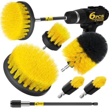 Holikme 6Pack Drill Brush Power Scrubber Cleaning Brush Extended Long Attachment Set All Purpose Drill Scrub Brushes Kit for Grout, Floor, Tub, Bathroom and Kitchen Surface,Scratch Brushes（Yellow）
