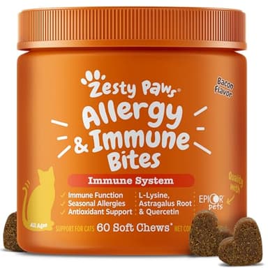 Zesty Paws Cat Allergy Relief - Anti Itch Supplement - Omega 3 Probiotics - Salmon Oil Digestive Health - Soft Chews for Skin & Seasonal Allergies - with Epicor Pets - Bacon - 60 Count