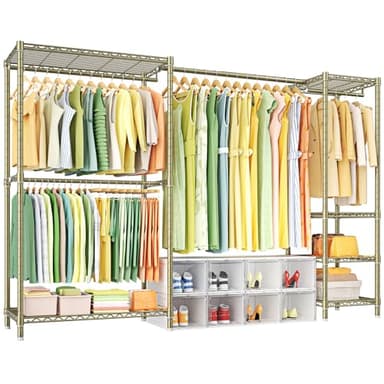 Ulif E10 Clothes Rack（With Stretchable Hanger Rod）Freestanding Clothing Racks for Hanging Clothes，Adjustable Closet Organizer System，Portable Garment Rack 73-97"W x 15" D x 72" H，Max Load 800LBS，Gold