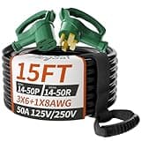 PlugSaf 15 FT 50 Amp RV/EV Extension Cord Outdoor with Grip Handle, 4 Prong Flexible Heavy Duty 6/3+8/1 Gauge STW RV Power Cord Waterproof, NEMA 14-50P to 14-50R, Black-Green, ETL Listed