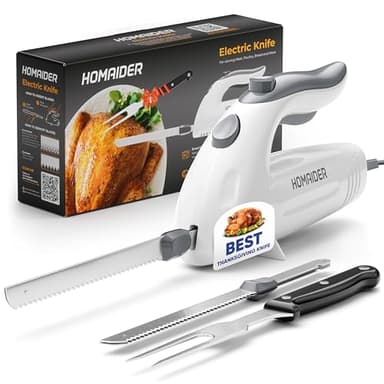 Homaider Electric Knife for Meat Slicing, Turkey, Carving Meat, Turkey, Bread & More | Ergonomic Handle + 2 Carving Stainless Steel Blades and Serving Fork Included, 6 Foot Cord