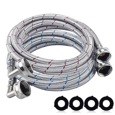 6FT Premium Stainless Steel Washer Hoses with 90 Degree Elbow No-lead Burst-Proof 3/4" NPT Connection Hot & Cold Water Inlet Supply Lines for Washer - 2 Pack by Fetechmate
