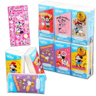 Minnie Mouse Pocket Size Facial Tissue Set - 12 Packs of 10 Sheets (120 Tissues) & Stickers | Disney Disposal for Travel, School, Classroom