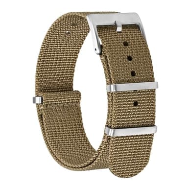 BISONSTRAP Nylon Watch Bands for Men, One-Piece Military Watch Straps, 20mm, Khaki Tan (Silver Buckle)