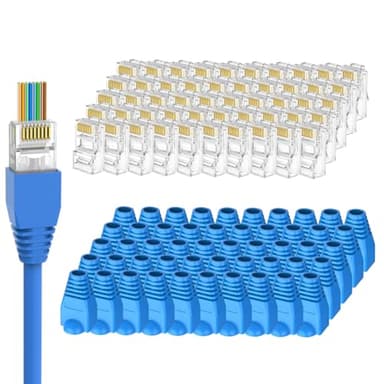 Brileine UTP RJ45 Connectors, Cat6 RJ45 Pass Through Plugs 50-Pack, Cat6 RJ45 Plugs with 50-Pack Strain Relief Boots for Solid or Standard Ethernet Cables, Transparent