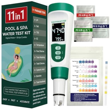 AKSBTEC 11-in-1 Digital Pool Water Tester Kit Including 5-in-1 Salt Tester for Saltwater Pool & 7-in-1 Pool Test Strips(50 Strips), Test pH Salinity TDS EC Temp Chlorine Bromine Alkalinity Hardness