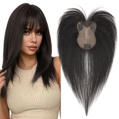 Elailite Human Hair Toppers for Women Real Human Hair Topper with Bangs Hand-Tied Thin 8 * 11CM Lace Base Light Weight Clip in Remy Hairpieces 11 Inch Natural Black