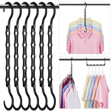 HOUSE DAY Closet Organizers and Storage 6 Pack, College Dorm Room Essentials, Multifunctional Organizer Magic Space Saving Hangers with 5 Holes, Storage Organization for Wardrobe Closet - Black