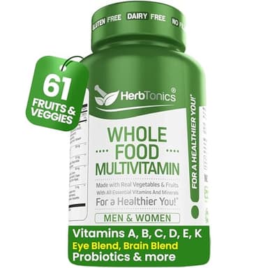 Herbtonics Whole Food Multivitamin for Men & Women – Vegan Multivitamin with Real Fruits & Veggies, Probiotics, CoQ10, Turmeric & More – 60 Capsules