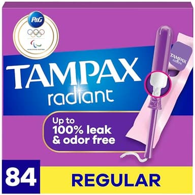 Tampax Radiant Tampons for Women, with LeakGuard Braid, Regular Absorbency, Unscented, 84 Count (3 Packs of 28)